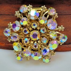 Large Vintage Clear Round Aurora Borealis Rhinestone Brooch 2 inch Diameter